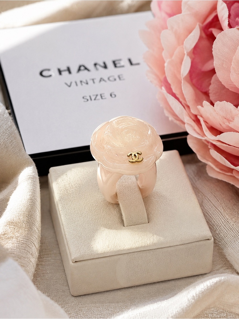 Chanel Pink Camellia Resin Ring with Gold CC Logo - Size 6 vintage